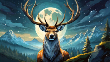 Digital Arts titled "Night Moon Deer" by Jacek Dudziński, Original Artwork, Digital Painting