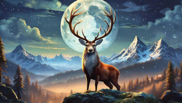 Digital Arts titled "Foggy Deer Moon" by Jacek Dudziński, Original Artwork, Digital Painting