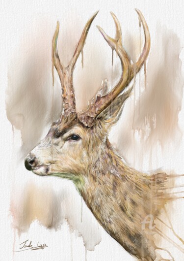 Pintura titulada "Swamp deer" por Jack Luo, Obra de arte original, Acuarela