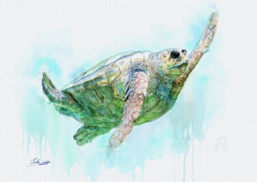 绘画 标题为“Sea turtles at the…” 由Jack Luo, 原创艺术品, 水彩 安装在纸板上