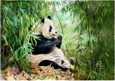 Painting titled "Pandas in the bambo…" by Jack Luo, Original Artwork, Watercolor Mounted on Cardboard