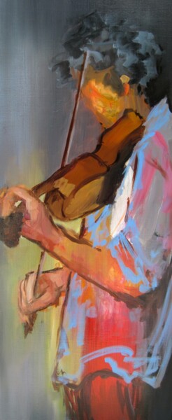 Painting titled "Le violoniste" by Jackie G., Original Artwork, Oil Mounted on Wood Stretcher frame