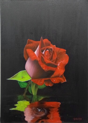Malarstwo zatytułowany „REFLET DE ROSE” autorstwa Jackie Godenir, Oryginalna praca, Olej