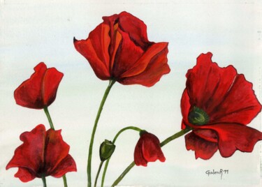 Painting titled "5 COQUELICOTS" by Jackie Godenir, Original Artwork, Watercolor
