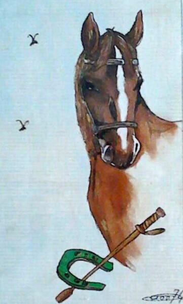 Painting titled "CHEVAL" by Jackie Godenir, Original Artwork, Gouache Mounted on Cardboard
