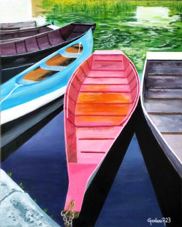 Pittura intitolato "Barques au Port de…" da Jackie Godenir, Opera d'arte originale, Acrilico