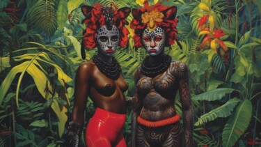 Malerei mit dem Titel "Jungle Beauties" von Jackson Cushman, Original-Kunstwerk, Digitale Collage Auf Aluminium montiert