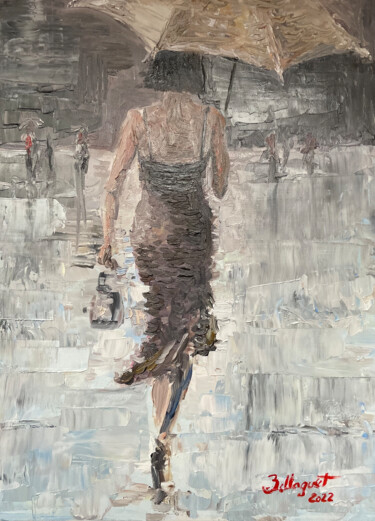 Malerei mit dem Titel "La femme au paraplu…" von Jacky Bellaguet, Original-Kunstwerk, Öl