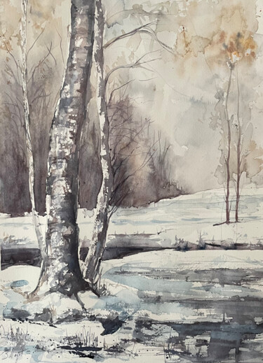 Malerei mit dem Titel "Paysage hivernale" von Jacky Bellaguet, Original-Kunstwerk, Aquarell