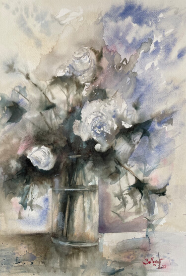 Painting titled "Les roses blanches" by Jacky Bellaguet, Original Artwork, Watercolor