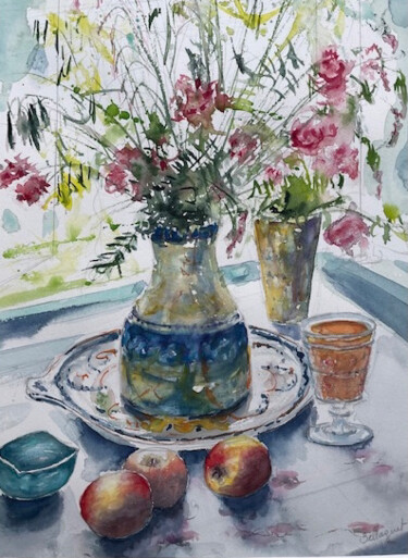 Painting titled "Le vase de fleurs d…" by Jacky Bellaguet, Original Artwork, Watercolor