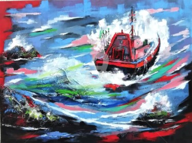 Malerei mit dem Titel "Chalutier en pêche…" von Jacky Dumergue, Original-Kunstwerk, Öl