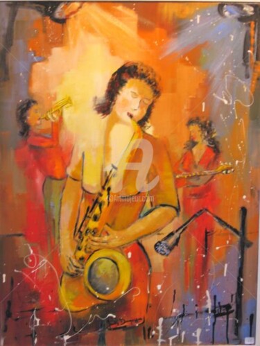 Painting titled "Three Jazz women" by Jacky Dumergue, Original Artwork, Oil