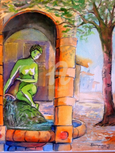 Peinture intitulée "aquar-kiosque-place…" par Jacky Dumergue, Œuvre d'art originale