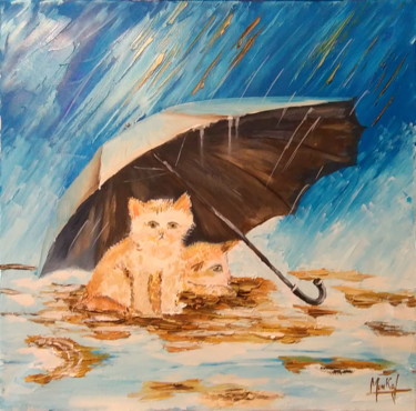 Картина под названием "chatons sous la plu…" - Jacky Monka, Подлинное произведение искусства, Масло