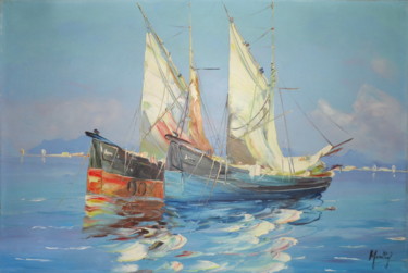 Painting titled "Retour de pêche" by Jacky Monka, Original Artwork, Oil Mounted on Wood Stretcher frame