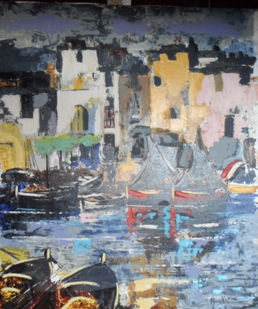 Painting titled "bateau-au-port" by Jacky Monka, Original Artwork, Oil