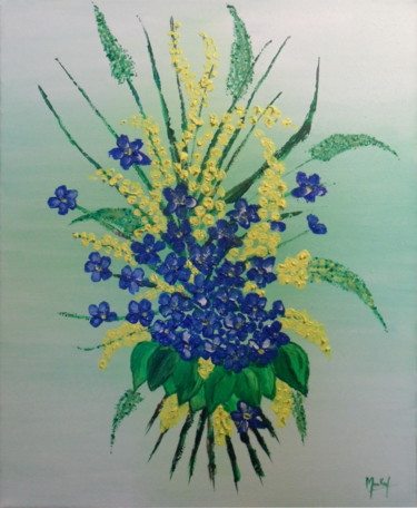 Peinture intitulée "bouquet bleu et jau…" par Jacky Monka, Œuvre d'art originale, Huile