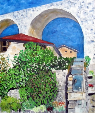 Painting titled "pont-et-ciel-bleu" by Jacky Monka, Original Artwork, Oil