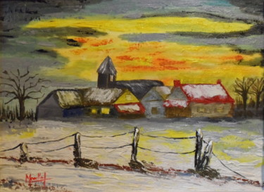 Peinture intitulée "village-en-hiver (2)" par Jacky Monka, Œuvre d'art originale, Huile