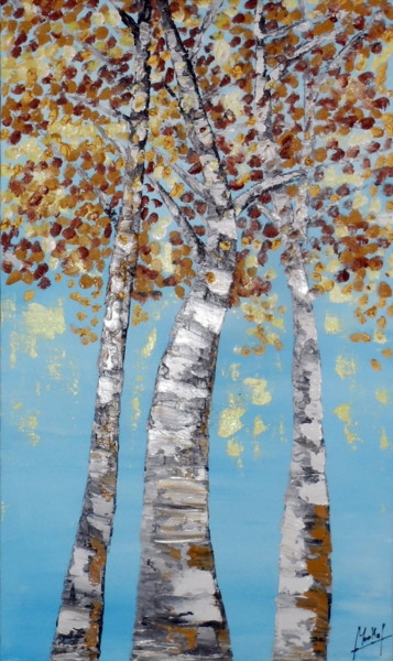 Peinture intitulée "Bouleaux en automne" par Jacky Monka, Œuvre d'art originale, Huile