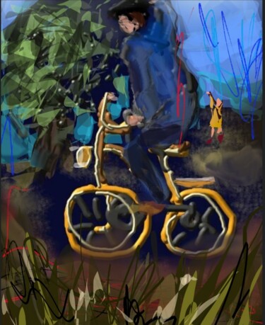 Digital Arts titled "L'homme au vélo..." by Jacky Patin, Original Artwork, Digital Painting