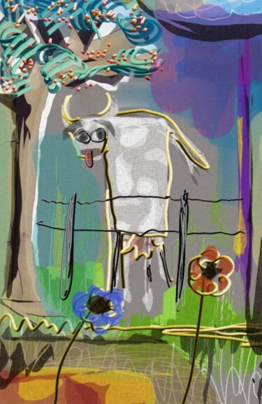 Digital Arts titled "La vache dans le ch…" by Jacky Patin, Original Artwork, Digital Painting