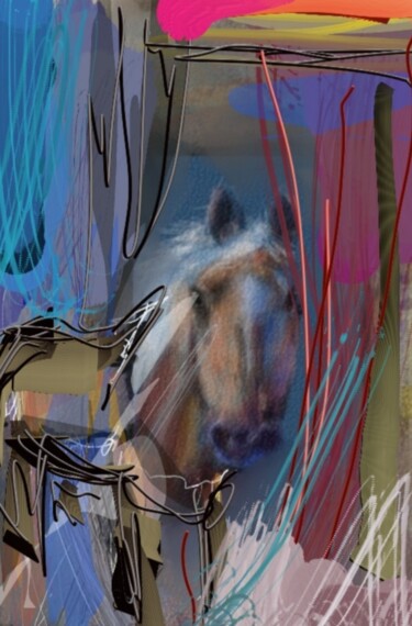 Digitale Kunst mit dem Titel "Le cheval moderne" von Jacky Patin, Original-Kunstwerk, Digitale Malerei