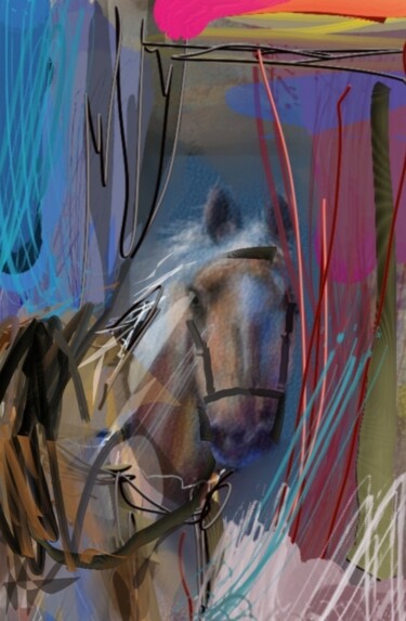 Digitale Kunst mit dem Titel "Le cheval attaché..." von Jacky Patin, Original-Kunstwerk, Digitale Malerei