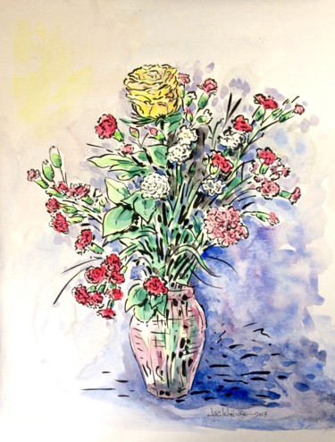 Pintura titulada "Oeillets et rose ja…" por Jacques Lelievre, Obra de arte original, Acuarela