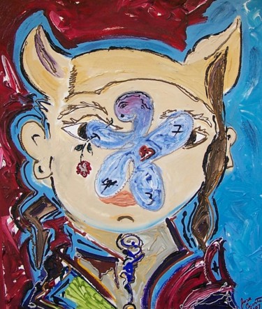 Schilderij getiteld "Mask We Wear" door Jose Acosta, Origineel Kunstwerk, Acryl Gemonteerd op Frame voor houten brancard