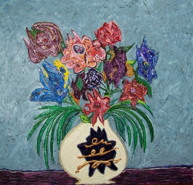 Schilderij getiteld "Flower Vase" door Jose Acosta, Origineel Kunstwerk, Acryl Gemonteerd op Frame voor houten brancard
