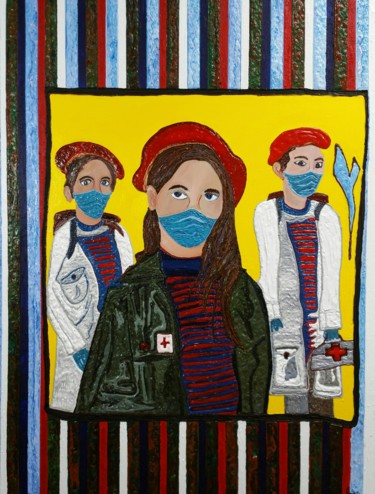 Painting titled "Cuban Nurses" by Jose Acosta, Original Artwork, Acrylic Mounted on Wood Stretcher frame
