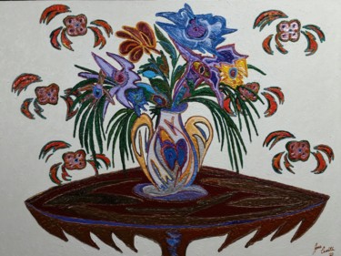 Painting titled "Flowers and Vase" by Jose Acosta, Original Artwork, Acrylic Mounted on Wood Stretcher frame