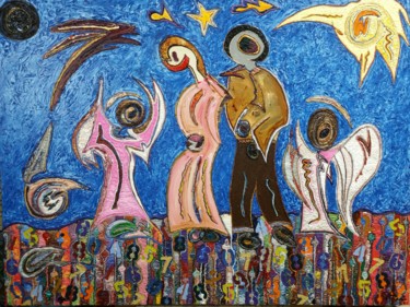 Ζωγραφική με τίτλο "Angels Amoung Us" από Jose Acosta, Αυθεντικά έργα τέχνης, Ακρυλικό Τοποθετήθηκε στο Ξύλινο φορείο σκελετό