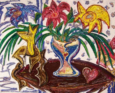 Peinture intitulée "flowers and dog scu…" par Jose Acosta, Œuvre d'art originale, Acrylique