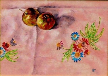 Peinture intitulée "Pommes et napperon." par Jacques Copau, Œuvre d'art originale, Huile