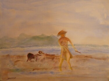 Painting titled "Jamais sans mon chi…" by Jacqueline Claux (Jaklinclo), Original Artwork, Watercolor