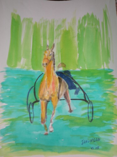 Painting titled "Le cheval au sulky" by Jacqueline Claux (Jaklinclo), Original Artwork, Ink Mounted on Cardboard