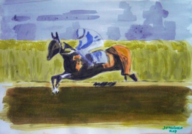 Painting titled "Saut d'obstacle" by Jacqueline Claux (Jaklinclo), Original Artwork, Watercolor