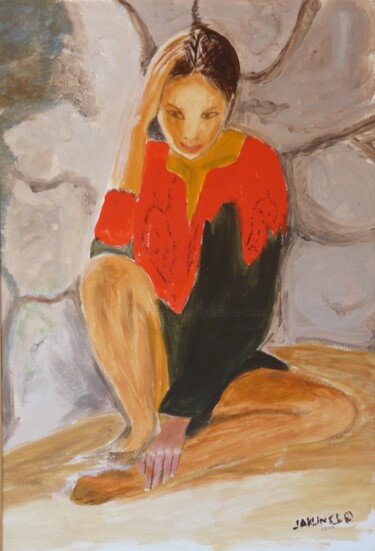 Malerei mit dem Titel "Fille de la Terre" von Jacqueline Claux (Jaklinclo), Original-Kunstwerk, Acryl