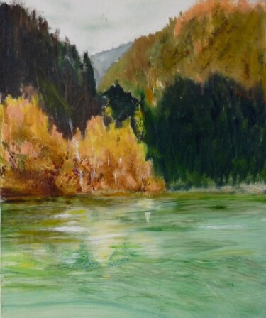 Painting titled "LE LAC" by Jacqueline Claux (Jaklinclo), Original Artwork, Oil