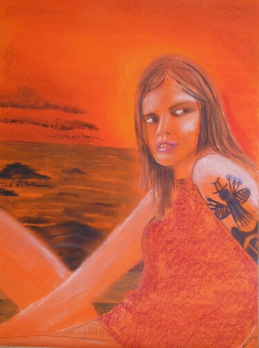 Malerei mit dem Titel "Jeune femme au tato…" von Jacqueline Claux (Jaklinclo), Original-Kunstwerk, Pastell Auf Karton montie…