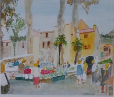 Peinture intitulée "Le marché de Céret" par Jacqueline Claux (Jaklinclo), Œuvre d'art originale, Aquarelle Monté sur Carton