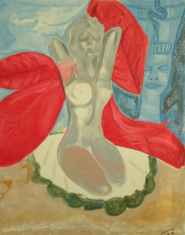 Painting titled "Naissance d'Aphrodi…" by Jacqueline Claux (Jaklinclo), Original Artwork, Oil Mounted on Wood Stretcher frame