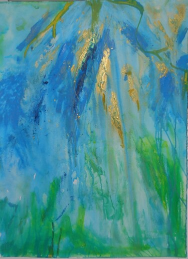 Painting titled "Bleu et Or" by Jacqueline Claux (Jaklinclo), Original Artwork, Watercolor