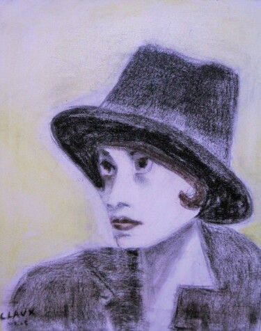 Drawing titled "Chapeau noir" by Jacqueline Claux (Jaklinclo), Original Artwork, Charcoal Mounted on Wood Stretcher frame