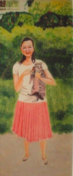 Schilderij getiteld "Avec mon chat" door Jacqueline Claux (Jaklinclo), Origineel Kunstwerk, Acryl