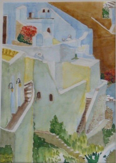 Painting titled "SANTORIN" by Jacqueline Claux (Jaklinclo), Original Artwork, Watercolor