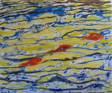 Painting titled "Poissons rouges" by Jacqueline Claux (Jaklinclo), Original Artwork, Oil Mounted on Wood Stretcher frame